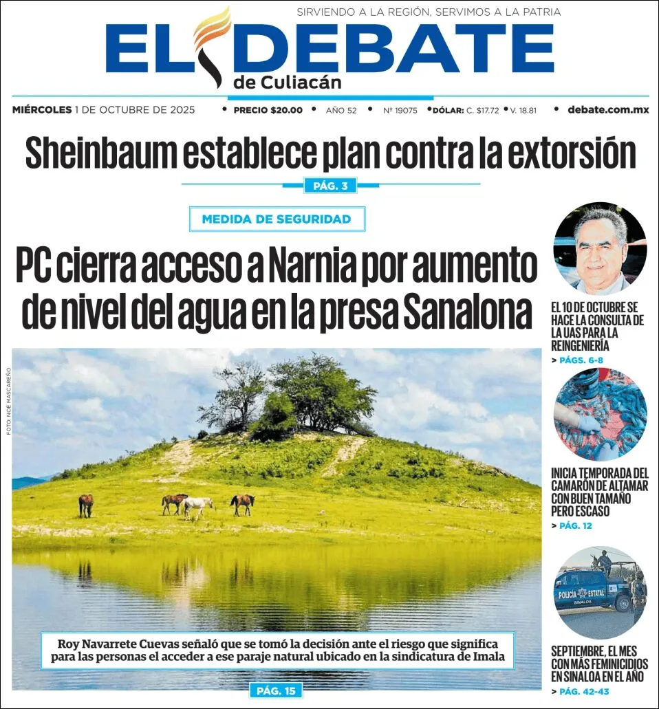 Portada de El Debate de Culiacan del miércoles, 1 de octubre de 2025