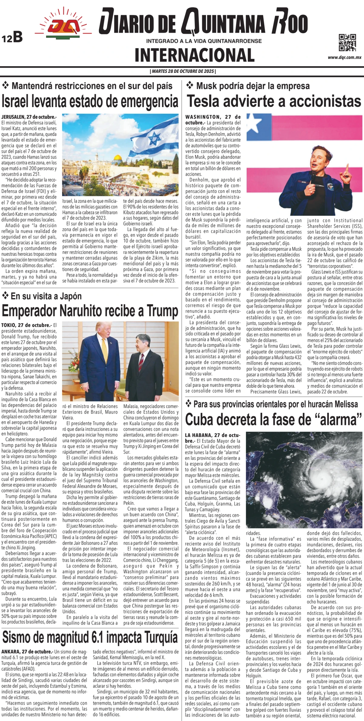 Portada de Diario de Quintana Roo (contra Portada)