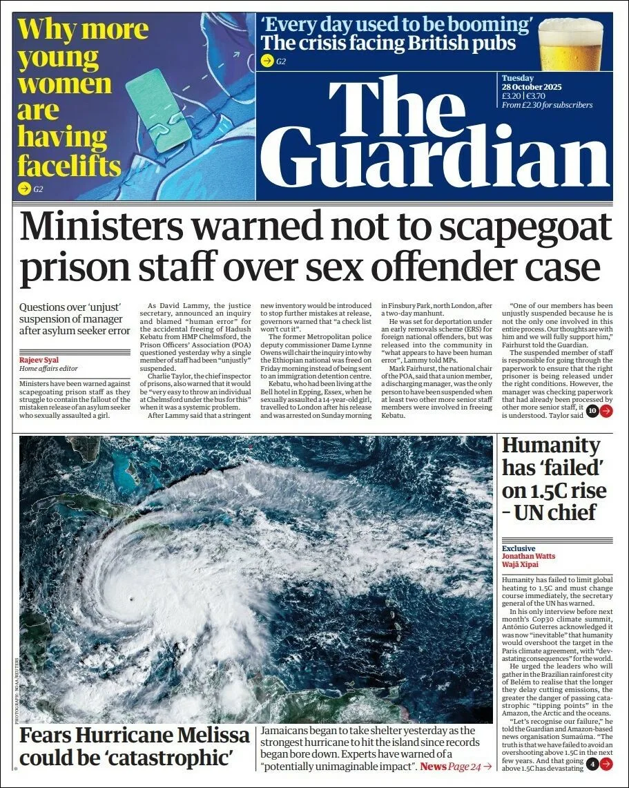 Portada de The Guardian (reino Unido) del martes, 28 de octubre de 2025