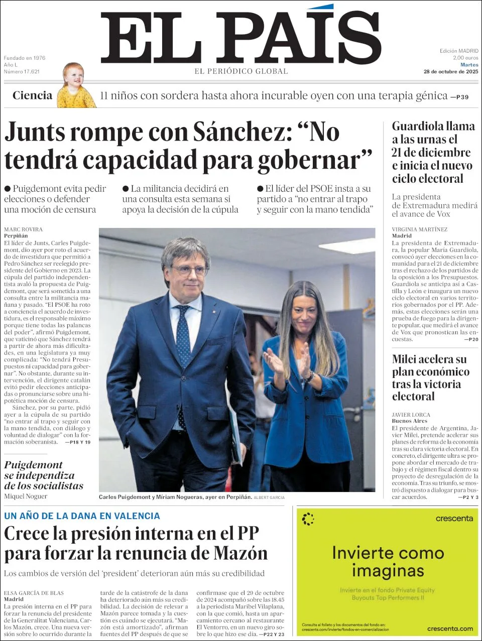Portada de El Pais del martes, 28 de octubre de 2025