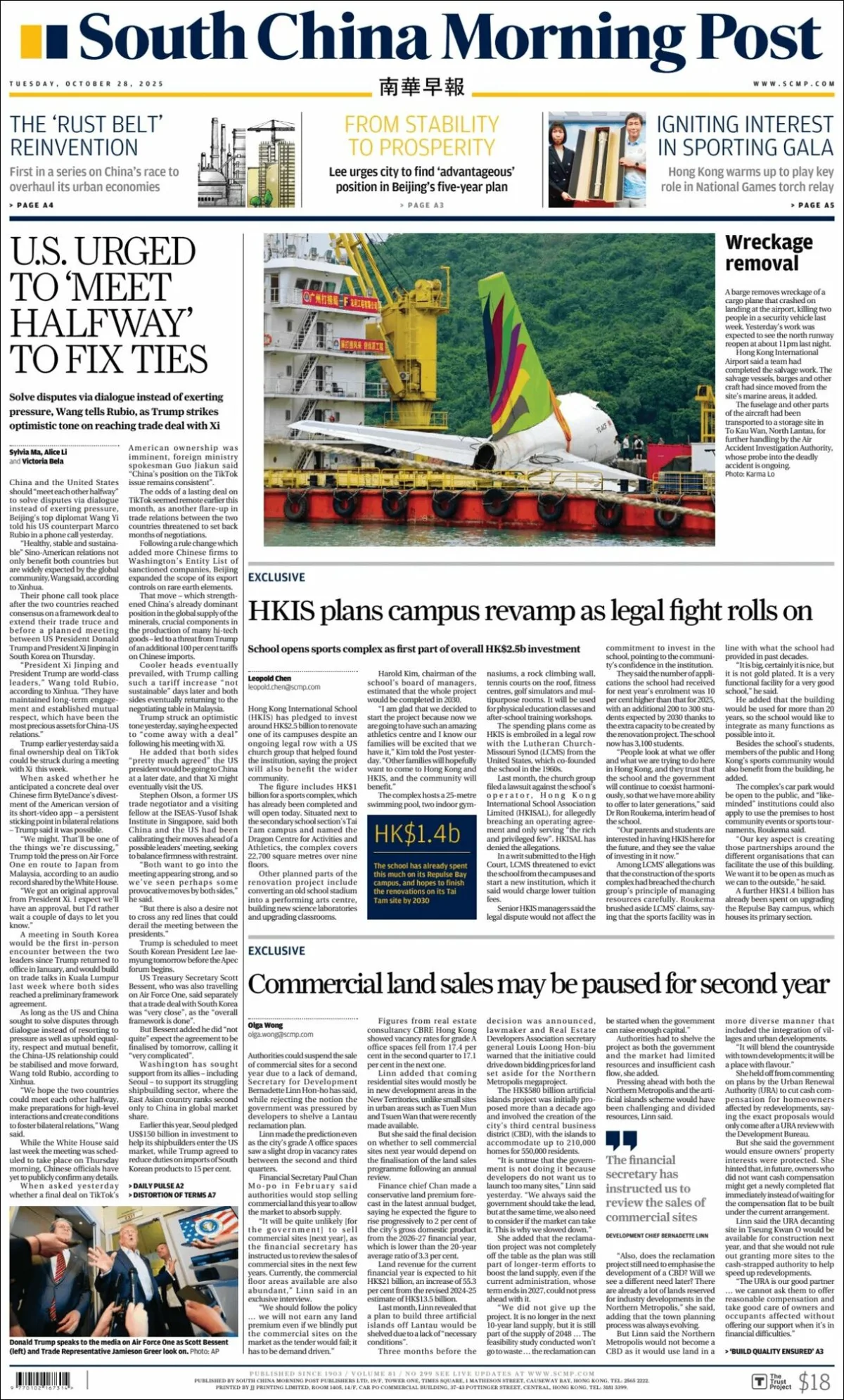 Portada de South China Morning Post del martes, 28 de octubre de 2025