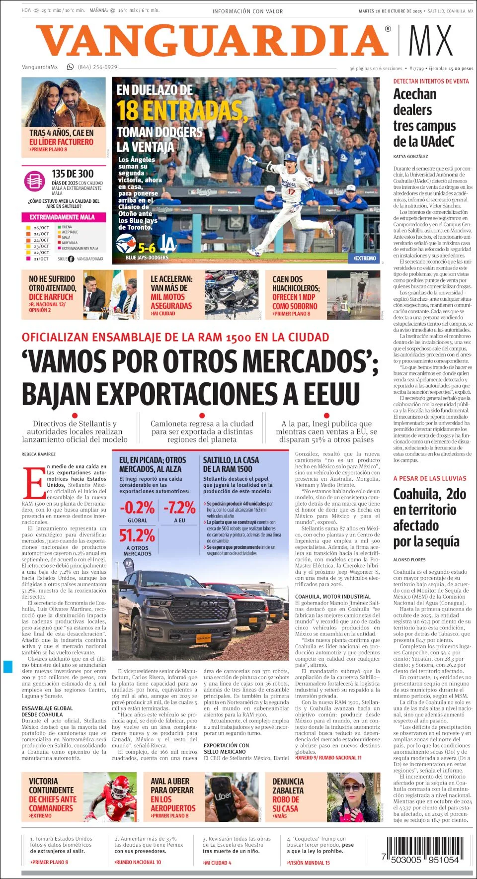 Portada de Vanguardia del martes, 28 de octubre de 2025