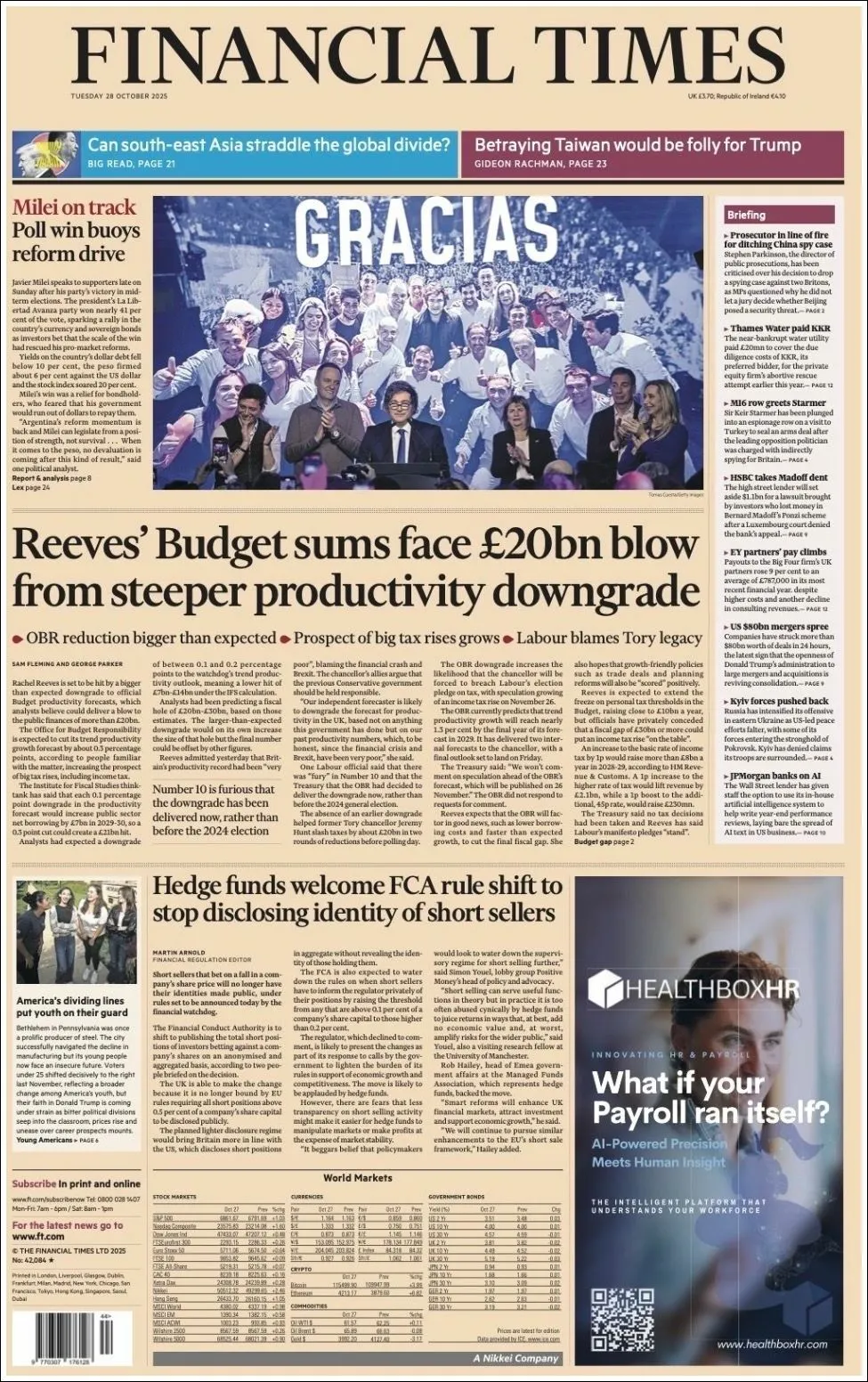 Portada de Financial Times del martes, 28 de octubre de 2025
