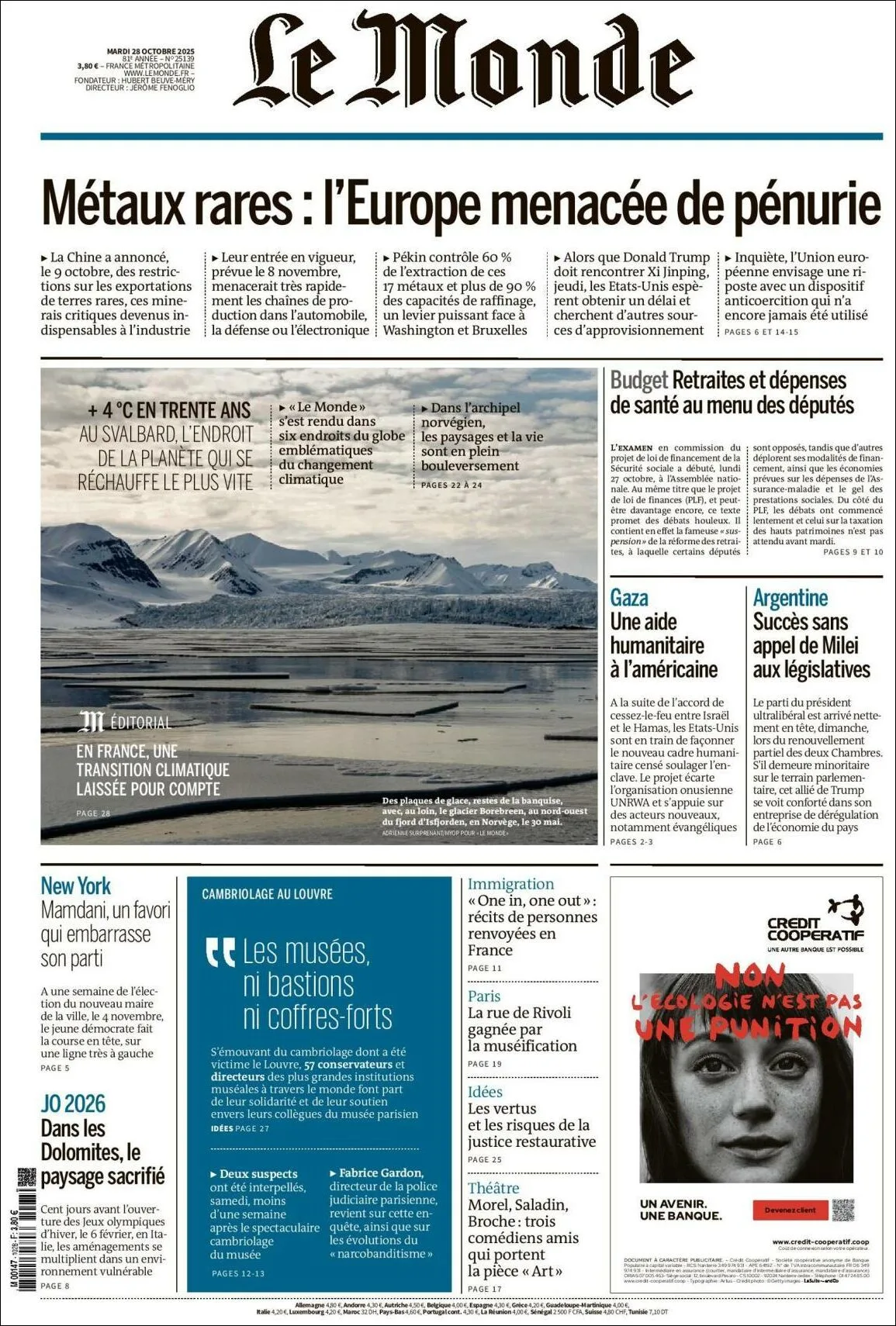 Portada de Le Monde del martes, 28 de octubre de 2025