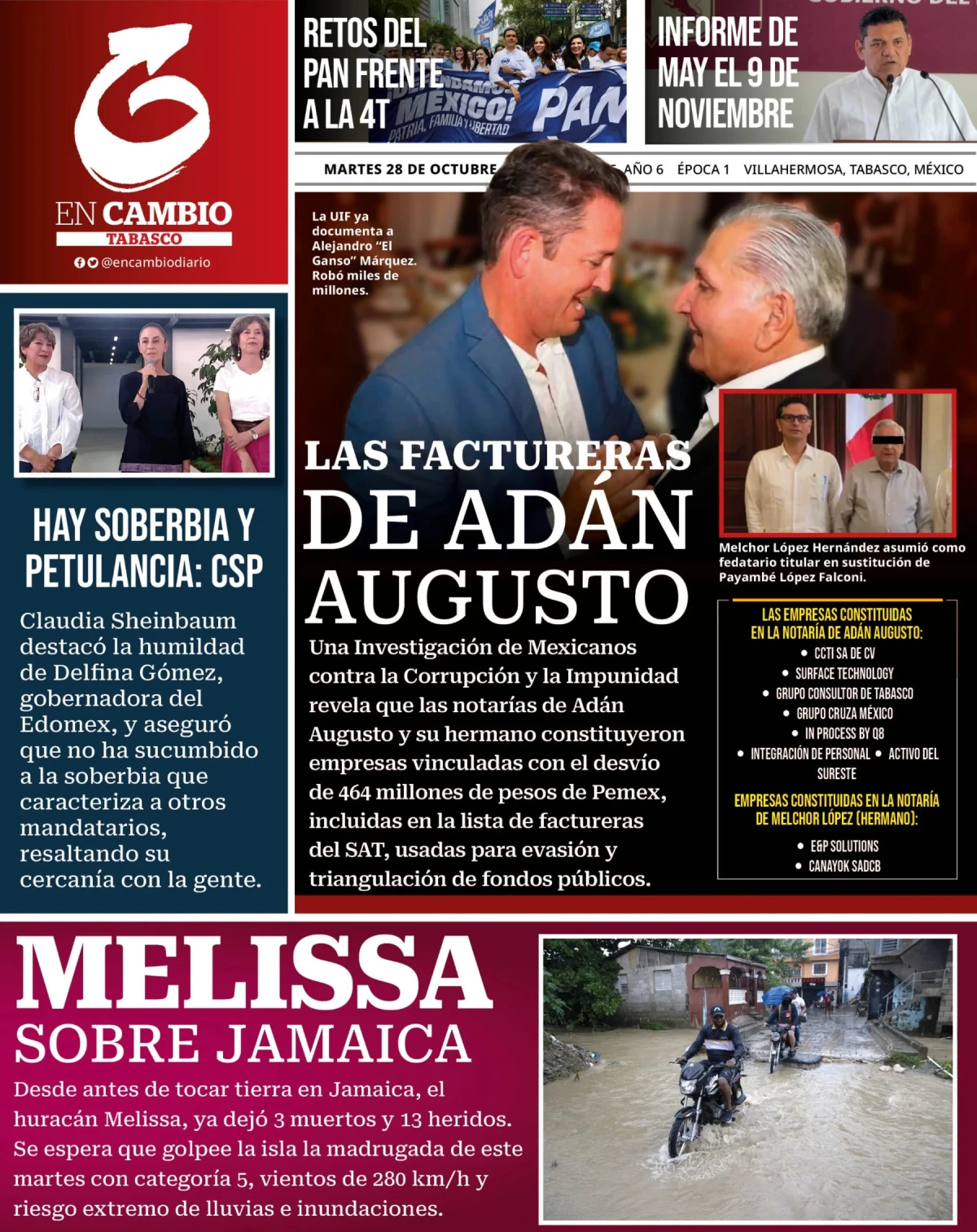 Portada de En Cambio - Tabasco (portada) del martes, 28 de octubre de 2025