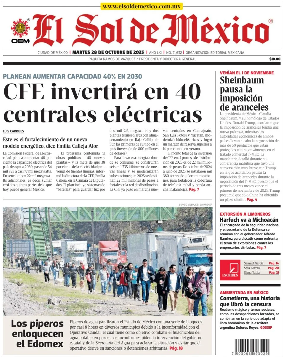 Portada de El Sol de Mexico del martes, 28 de octubre de 2025