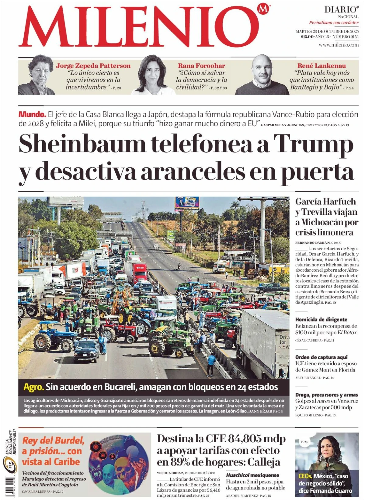Portada de Milenio del martes, 28 de octubre de 2025