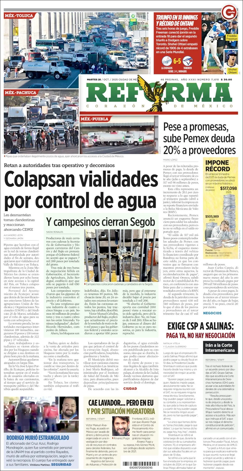 Portada de Reforma del martes, 28 de octubre de 2025