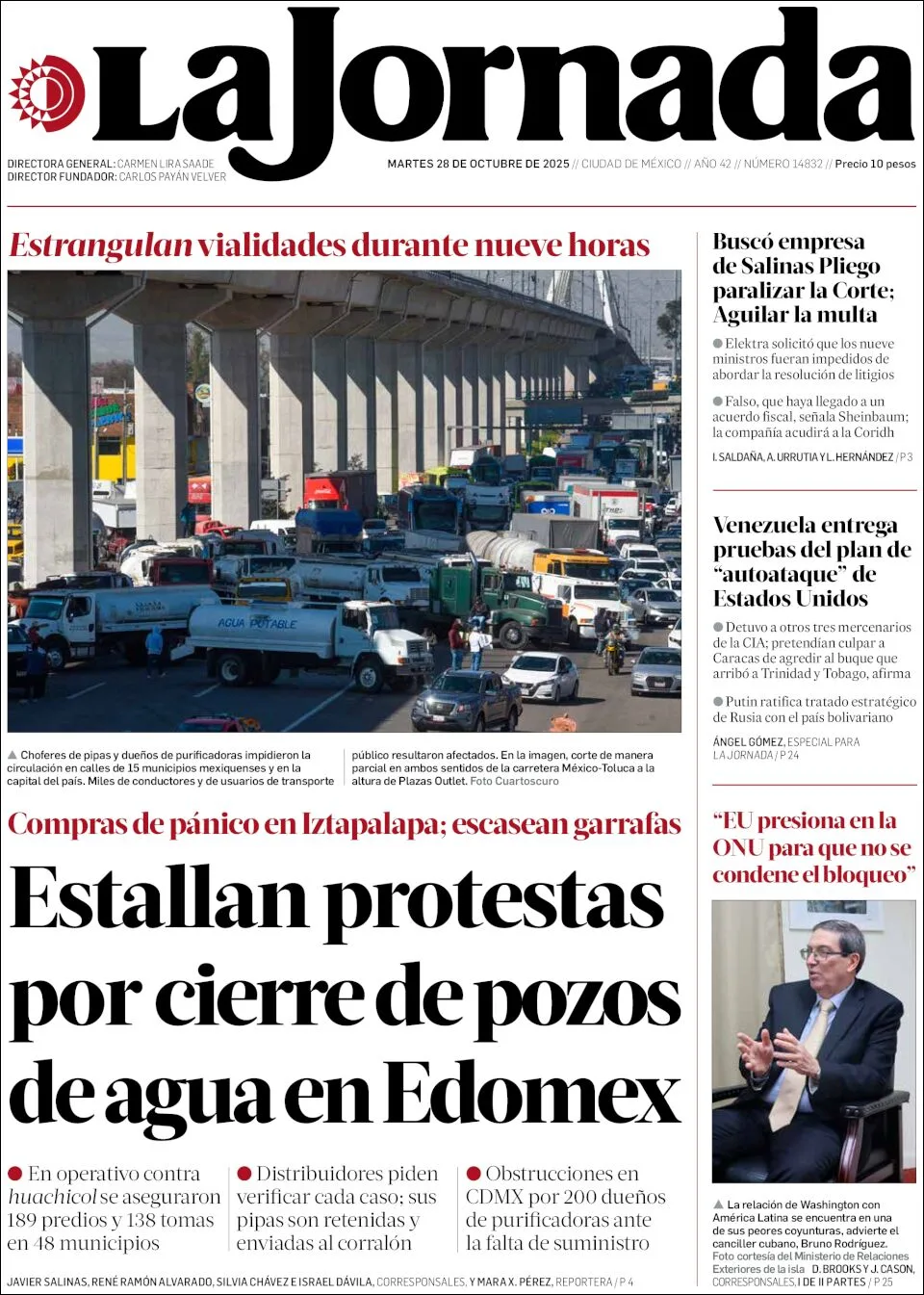 Portada de La Jornada del martes, 28 de octubre de 2025