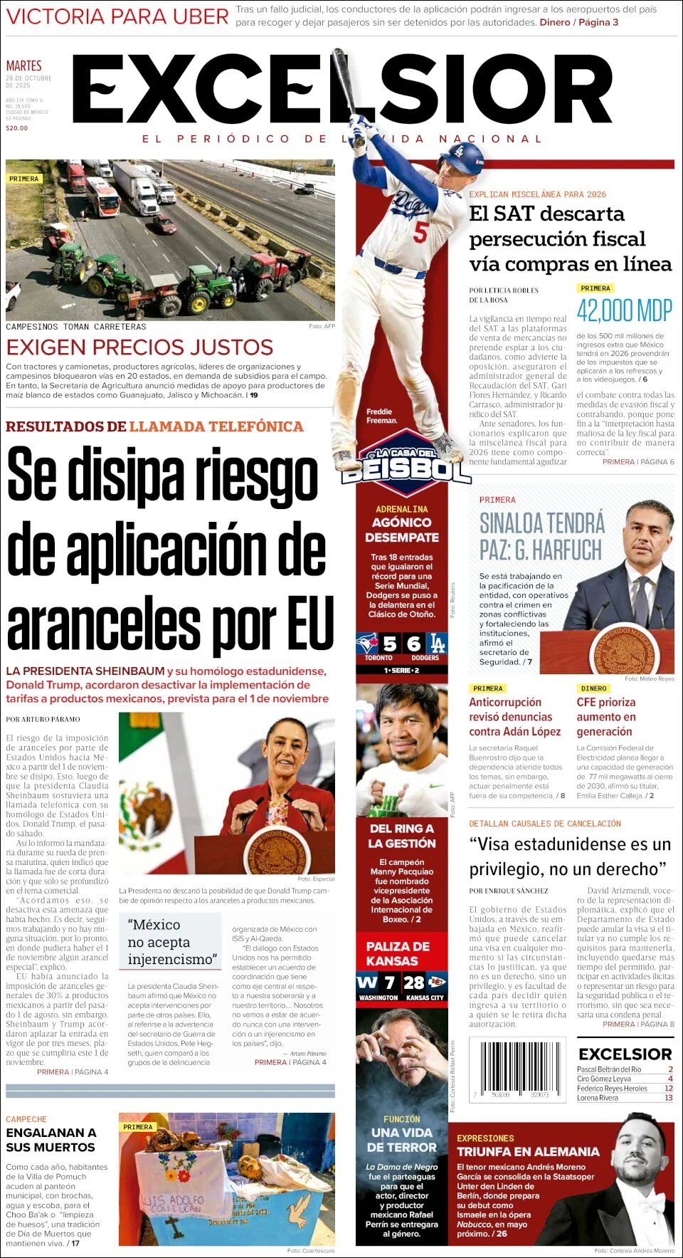 Portada de Excelsior del martes, 28 de octubre de 2025