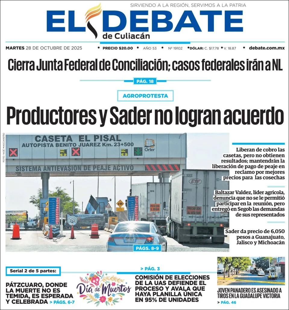 Portada de El Debate de Culiacan del martes, 28 de octubre de 2025