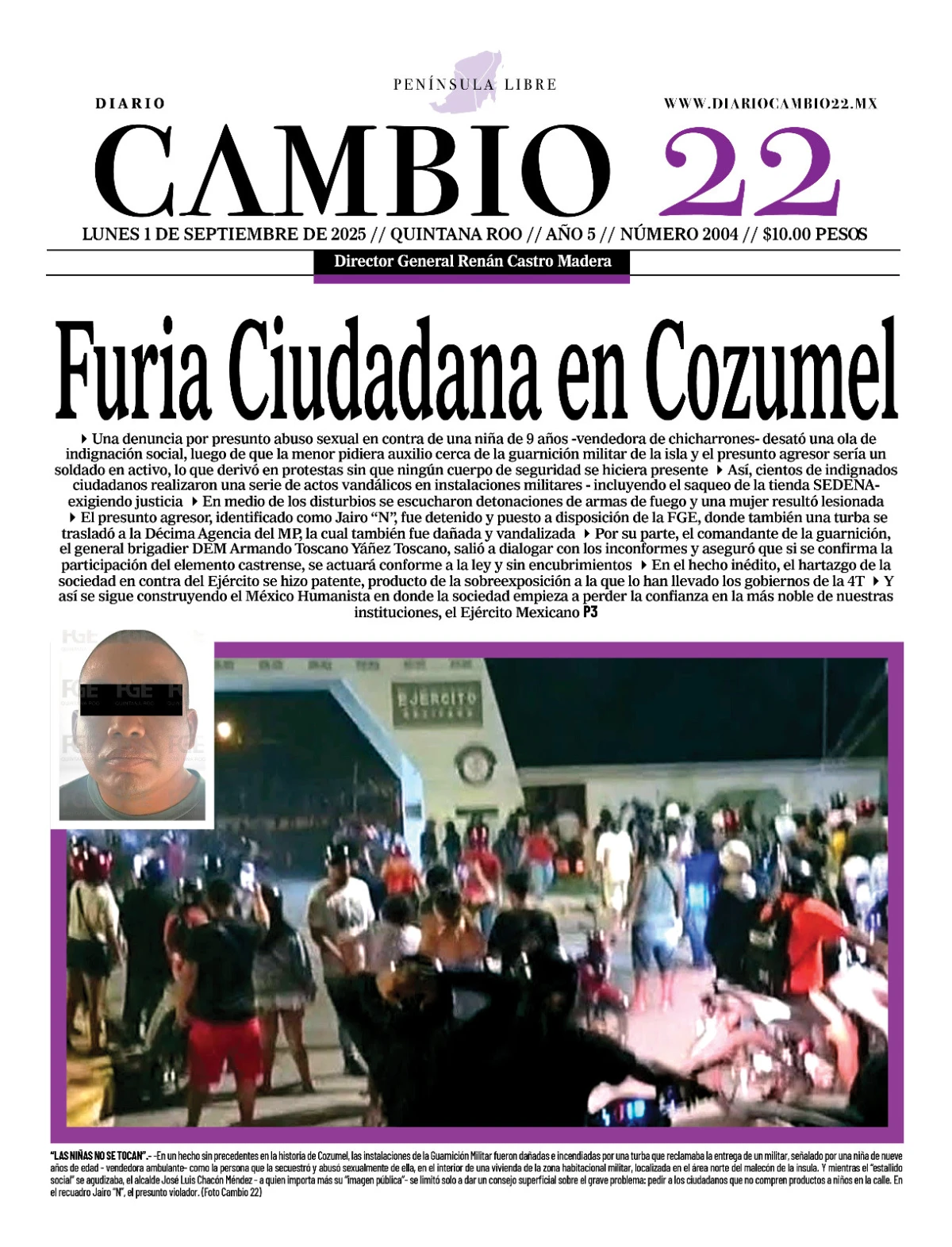 Portada de Diario Cambio 22 (portada) del lunes, 1 de septiembre de 2025