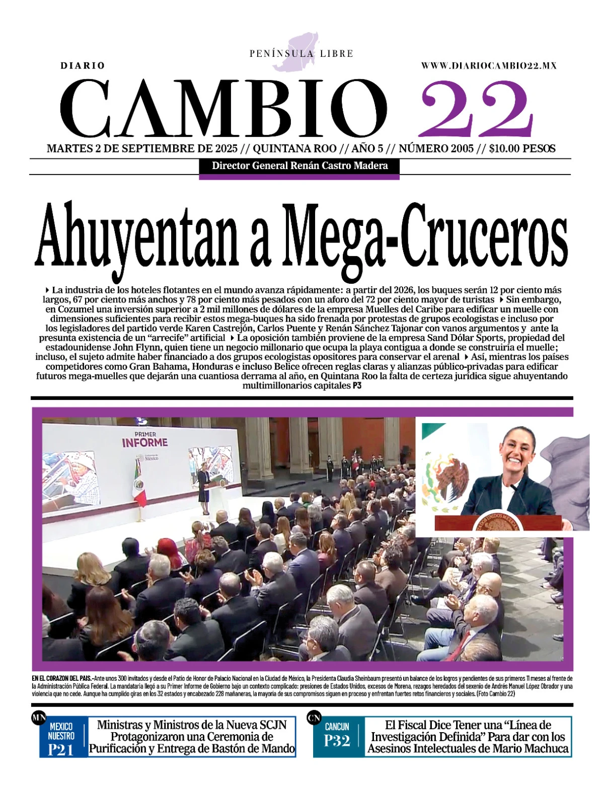 Portada de Diario Cambio 22 (portada) del martes, 2 de septiembre de 2025