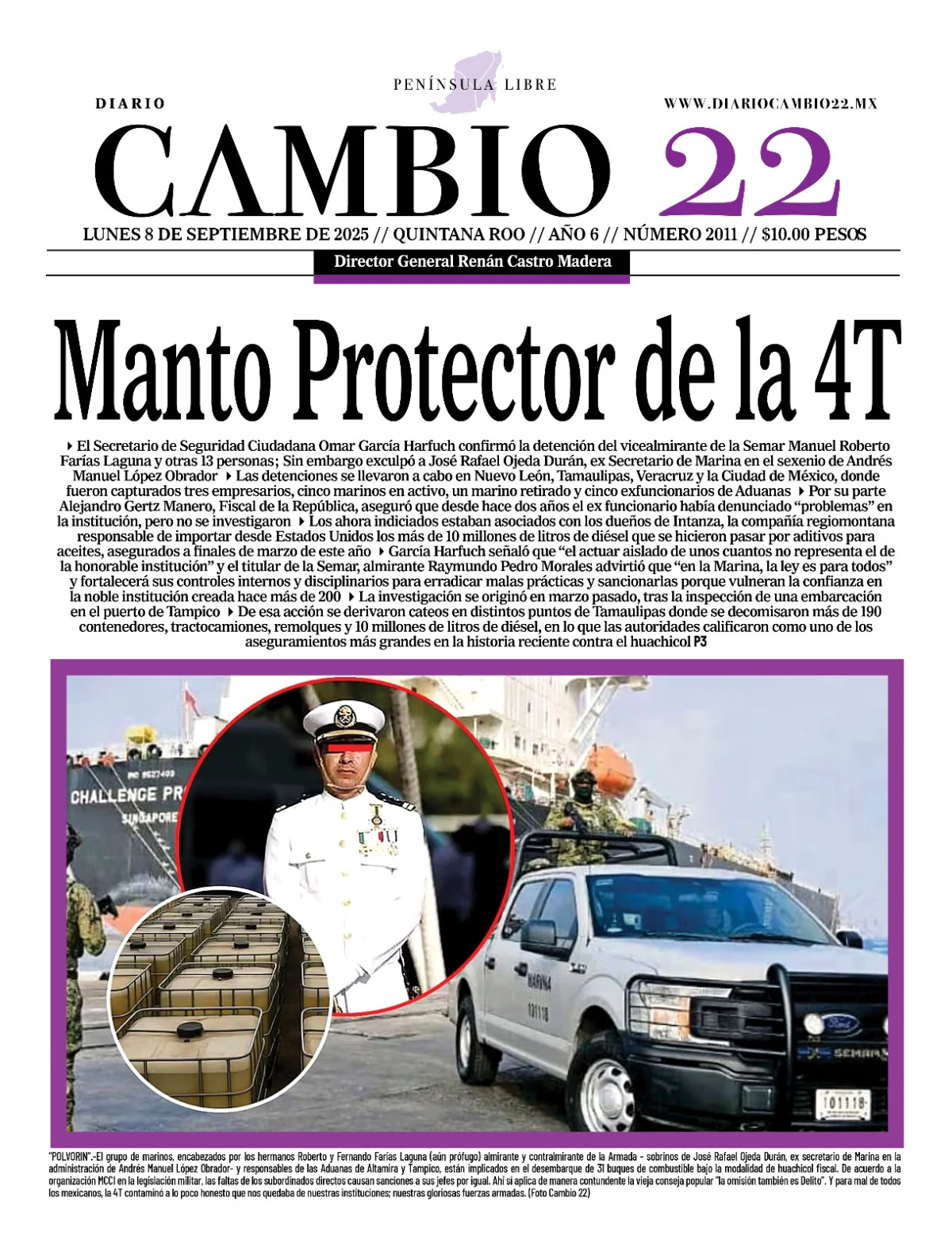 Portada de Diario Cambio 22 (portada) del lunes, 8 de septiembre de 2025