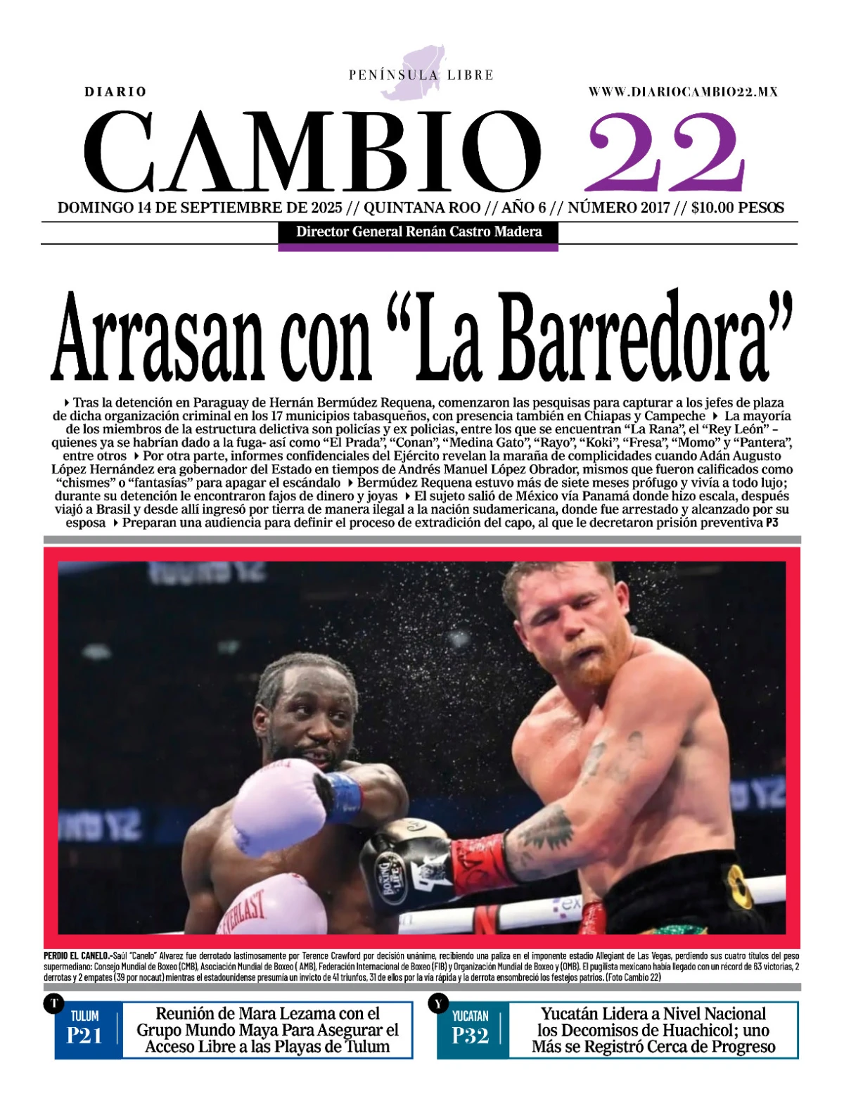 Portada de Diario Cambio 22 (portada) del domingo, 14 de septiembre de 2025
