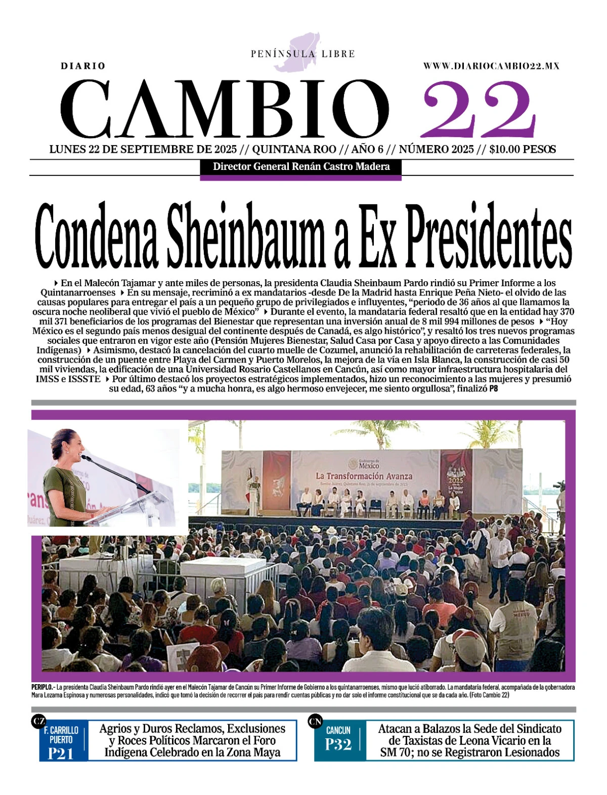 Portada de Diario Cambio 22 (portada) del lunes, 22 de septiembre de 2025