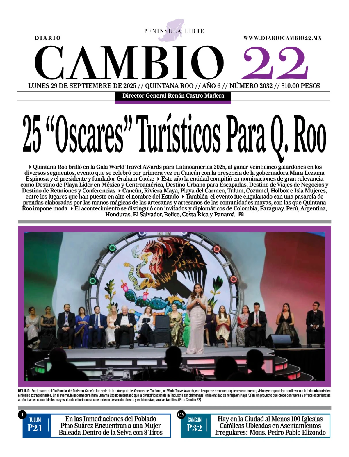 Portada de Diario Cambio 22 (portada) del lunes, 29 de septiembre de 2025