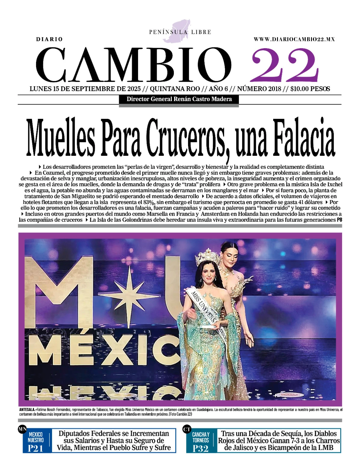 Portada de Diario Cambio 22 (contraportada) del lunes, 15 de septiembre de 2025