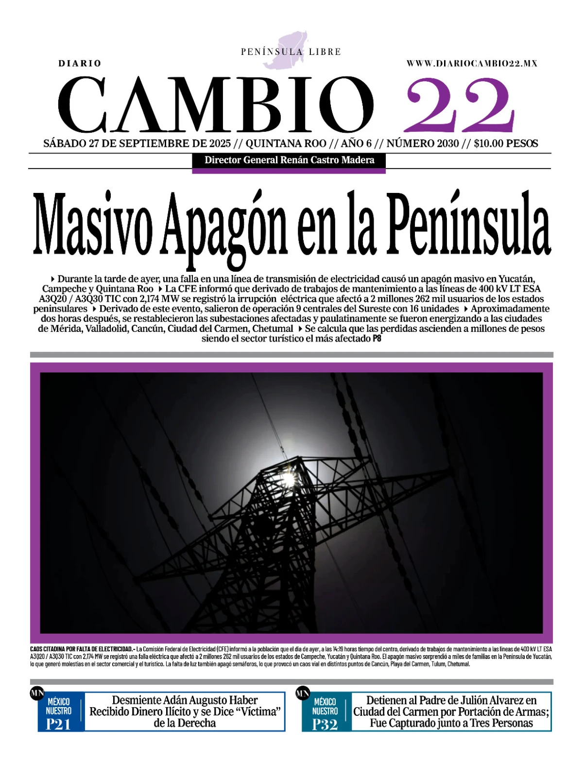 Portada de Diario Cambio 22 (portada) del sábado, 27 de septiembre de 2025