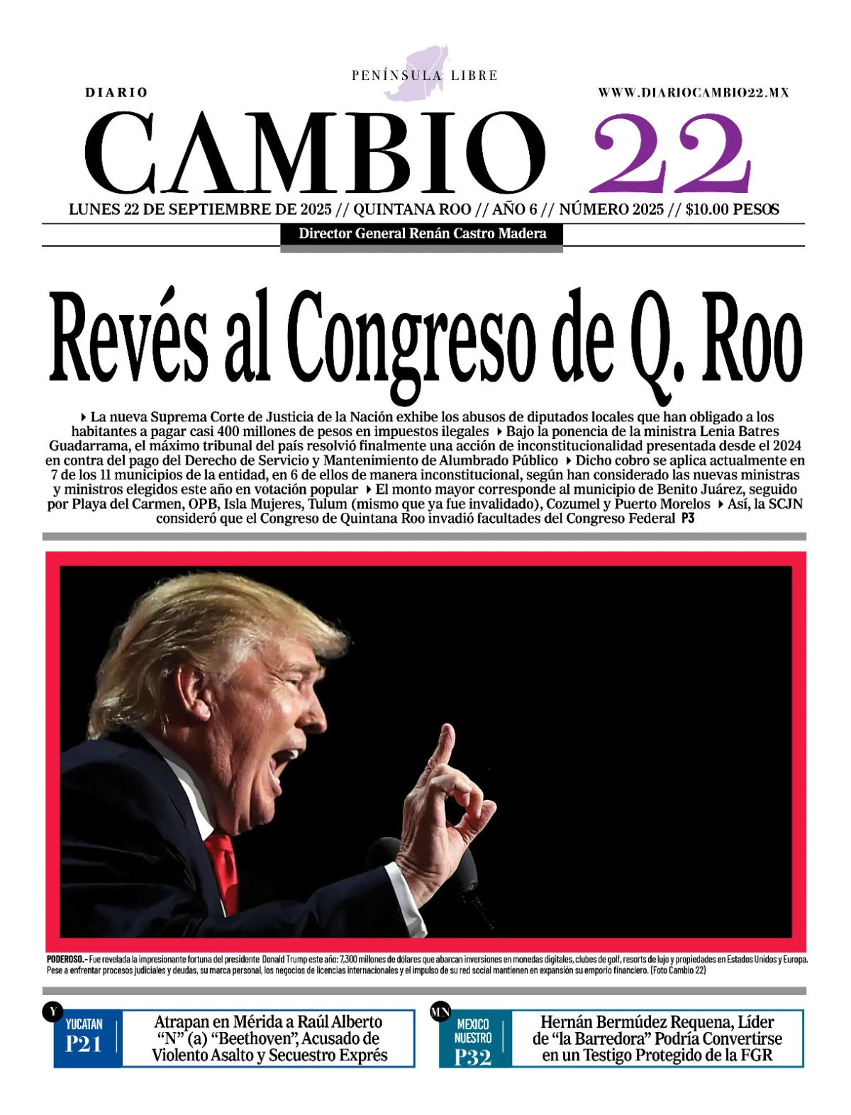 Portada de Diario Cambio 22 (contraportada) del lunes, 22 de septiembre de 2025