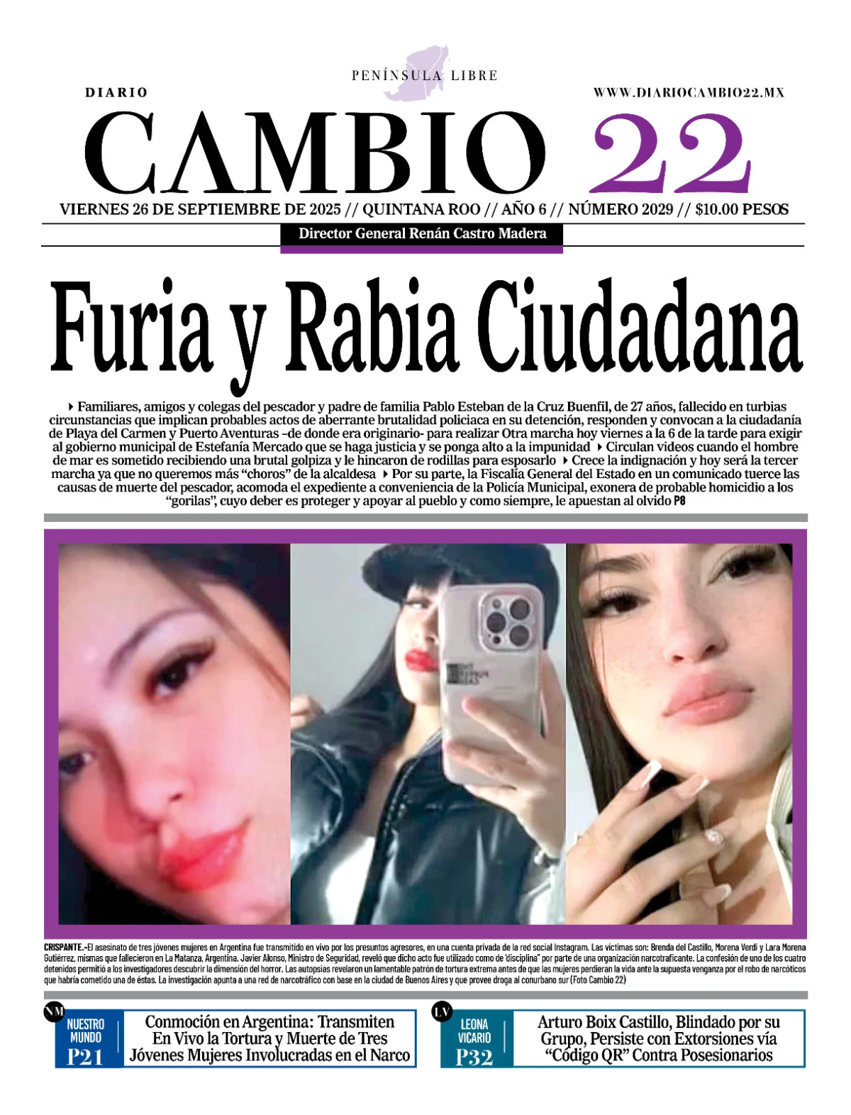 Portada de Diario Cambio 22 (portada) del viernes, 26 de septiembre de 2025