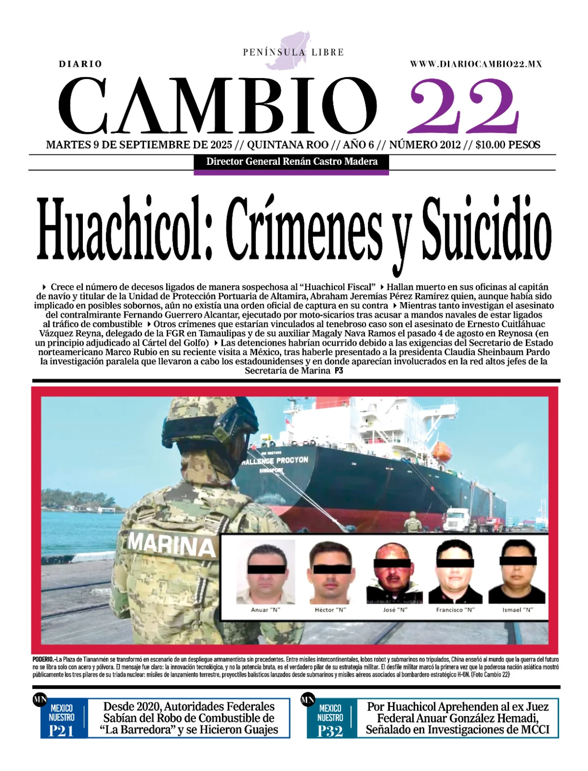 Portada de Diario Cambio 22 (portada) del martes, 9 de septiembre de 2025