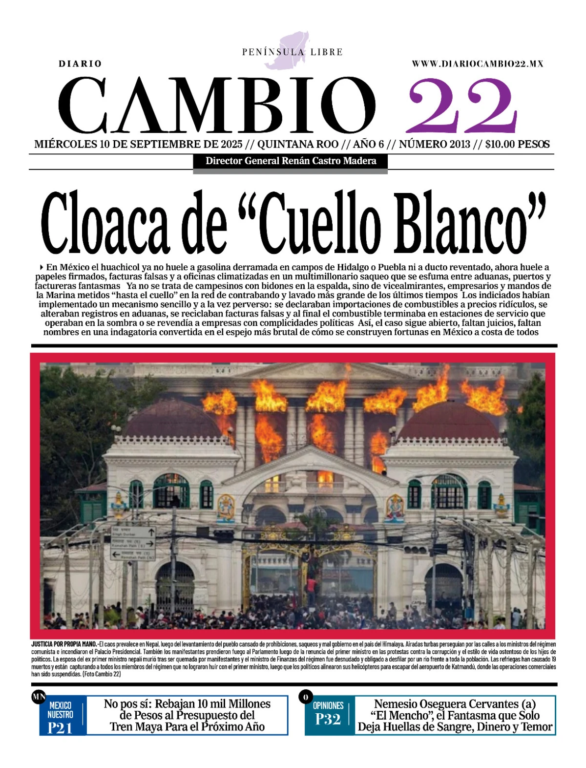 Portada de Diario Cambio 22 (contraportada) del miércoles, 10 de septiembre de 2025