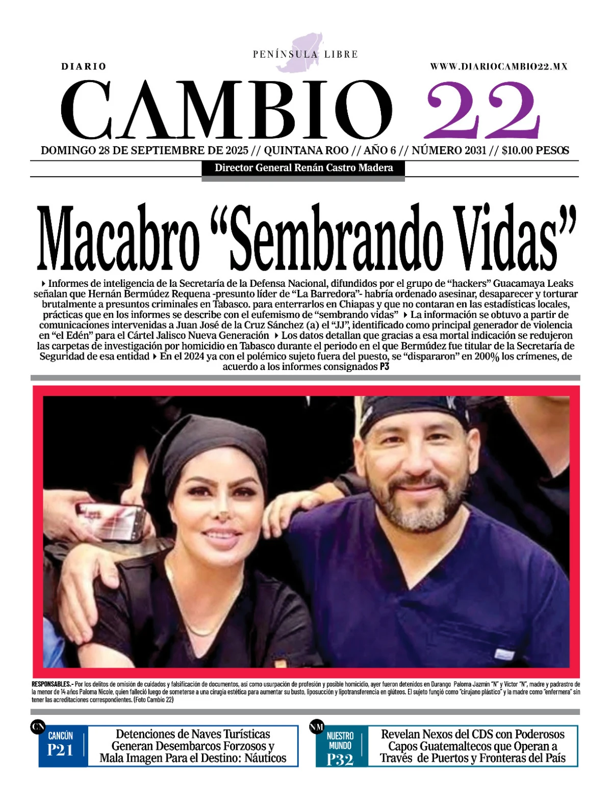 Portada de Diario Cambio 22 (contraportada) del domingo, 28 de septiembre de 2025