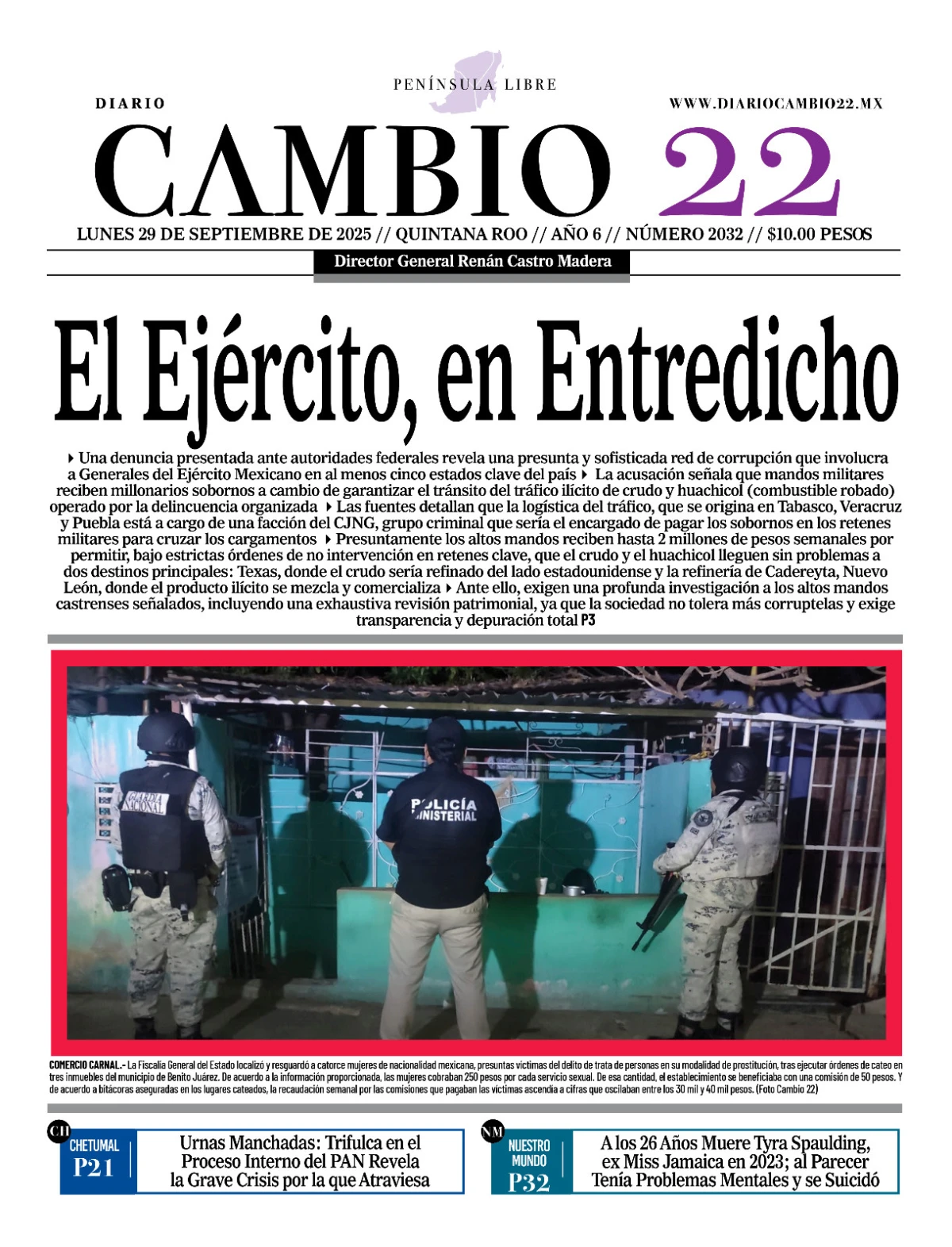 Portada de Diario Cambio 22 (contraportada) del lunes, 29 de septiembre de 2025