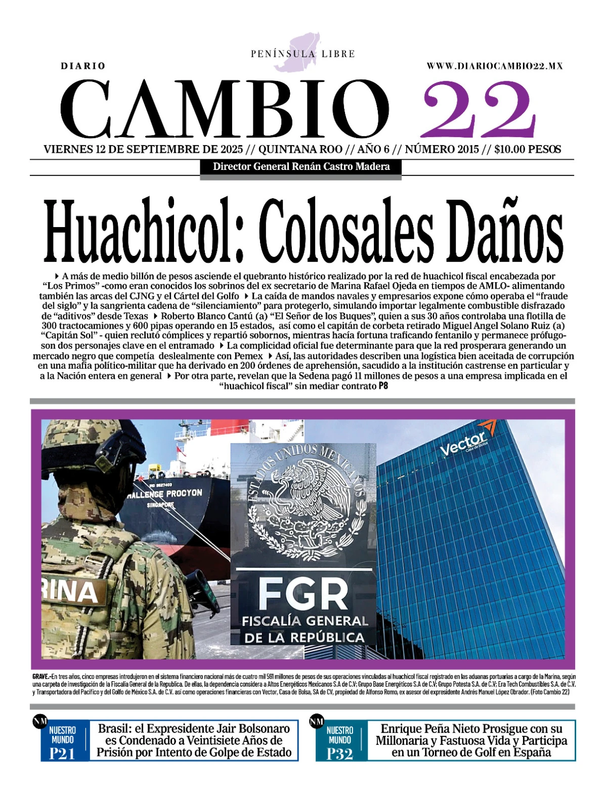 Portada de Diario Cambio 22 (contraportada) del viernes, 12 de septiembre de 2025