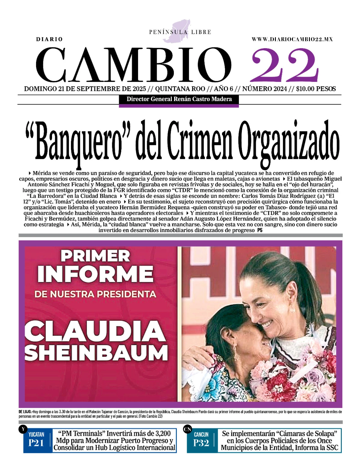 Portada de Diario Cambio 22 (portada) del domingo, 21 de septiembre de 2025