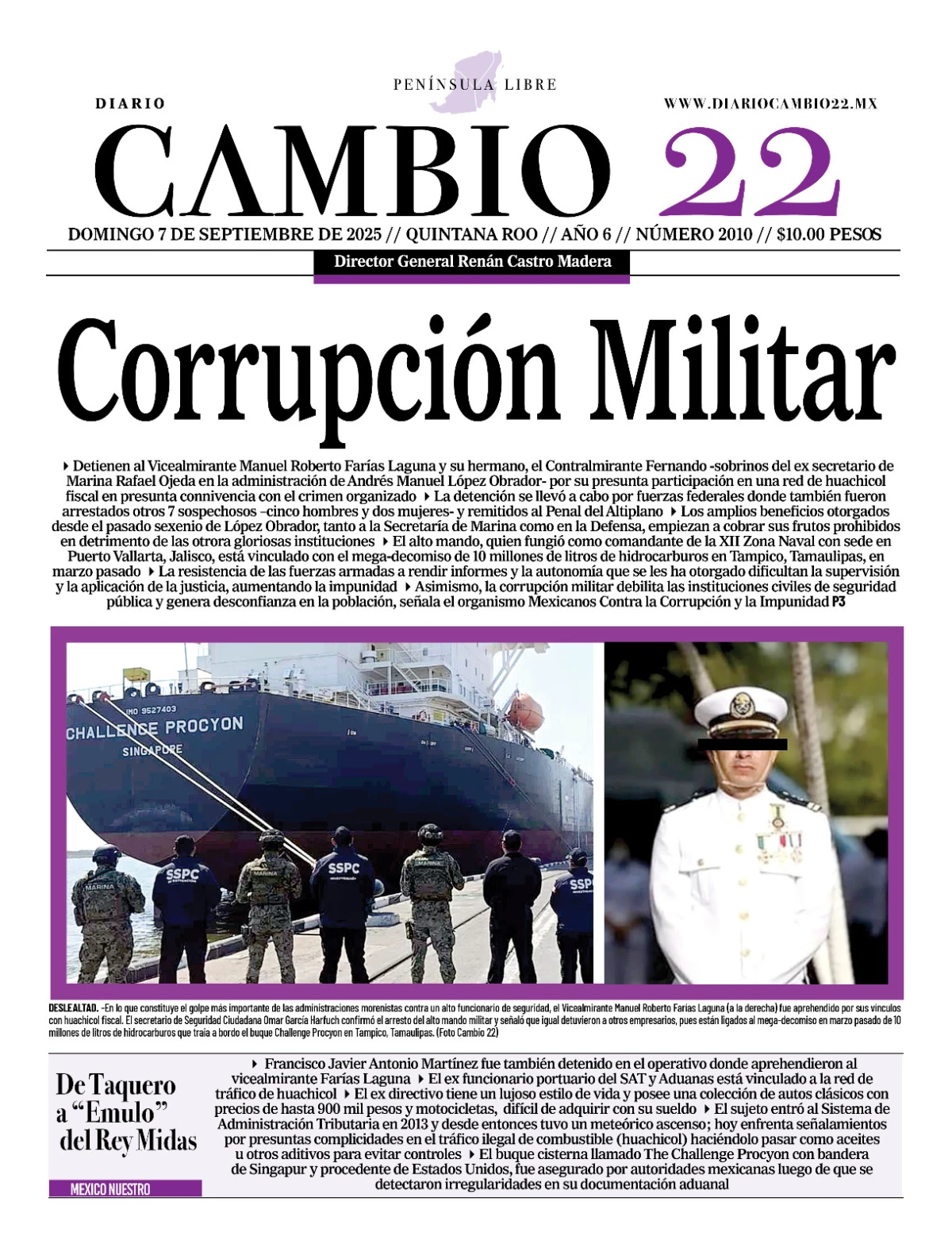 Portada de Diario Cambio 22 (portada) del domingo, 7 de septiembre de 2025
