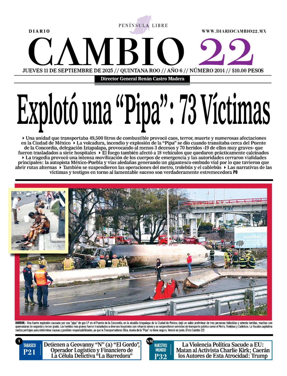 Portada de Diario Cambio 22 (contraportada) del jueves, 11 de septiembre de 2025
