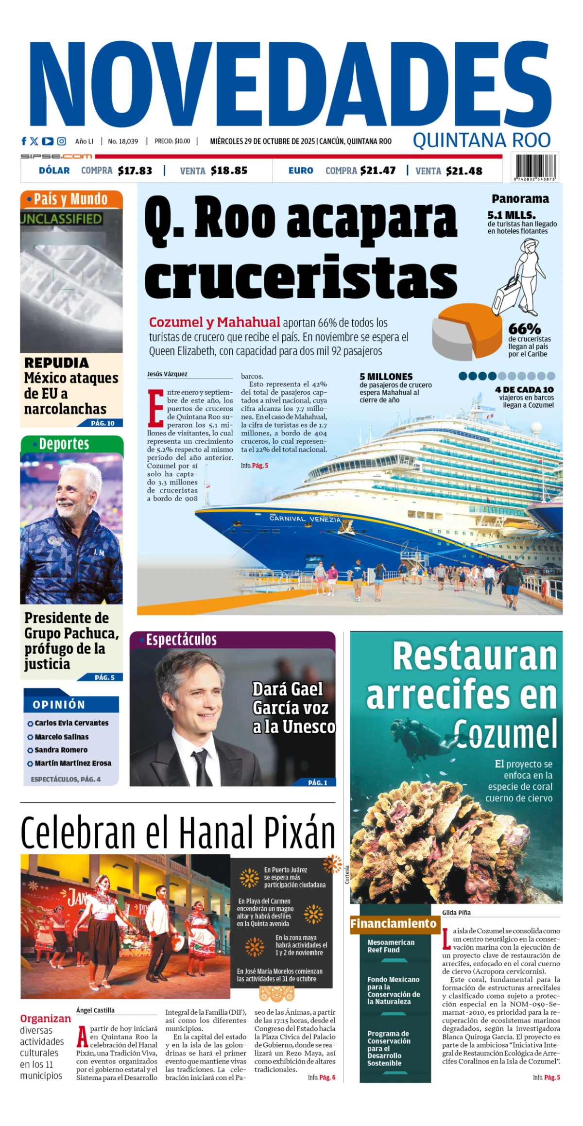 Portada de Novedades Quintana Roo del miércoles, 29 de octubre de 2025