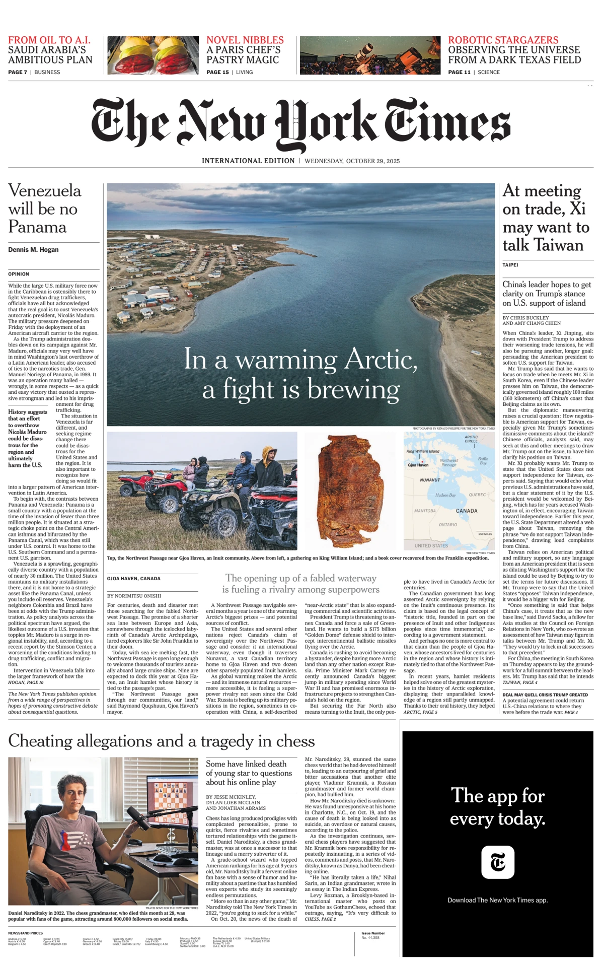 Portada de The New York Times (international) del miércoles, 29 de octubre de 2025