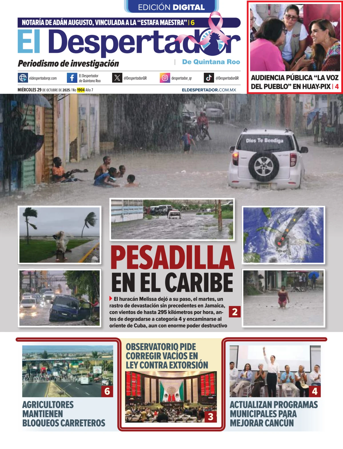 Portada de El Despertador de Quintana Roo del miércoles, 29 de octubre de 2025