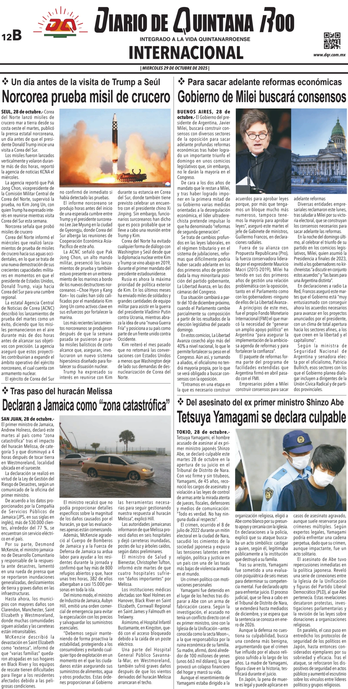 Portada de Diario de Quintana Roo (contra Portada) del miércoles, 29 de octubre de 2025