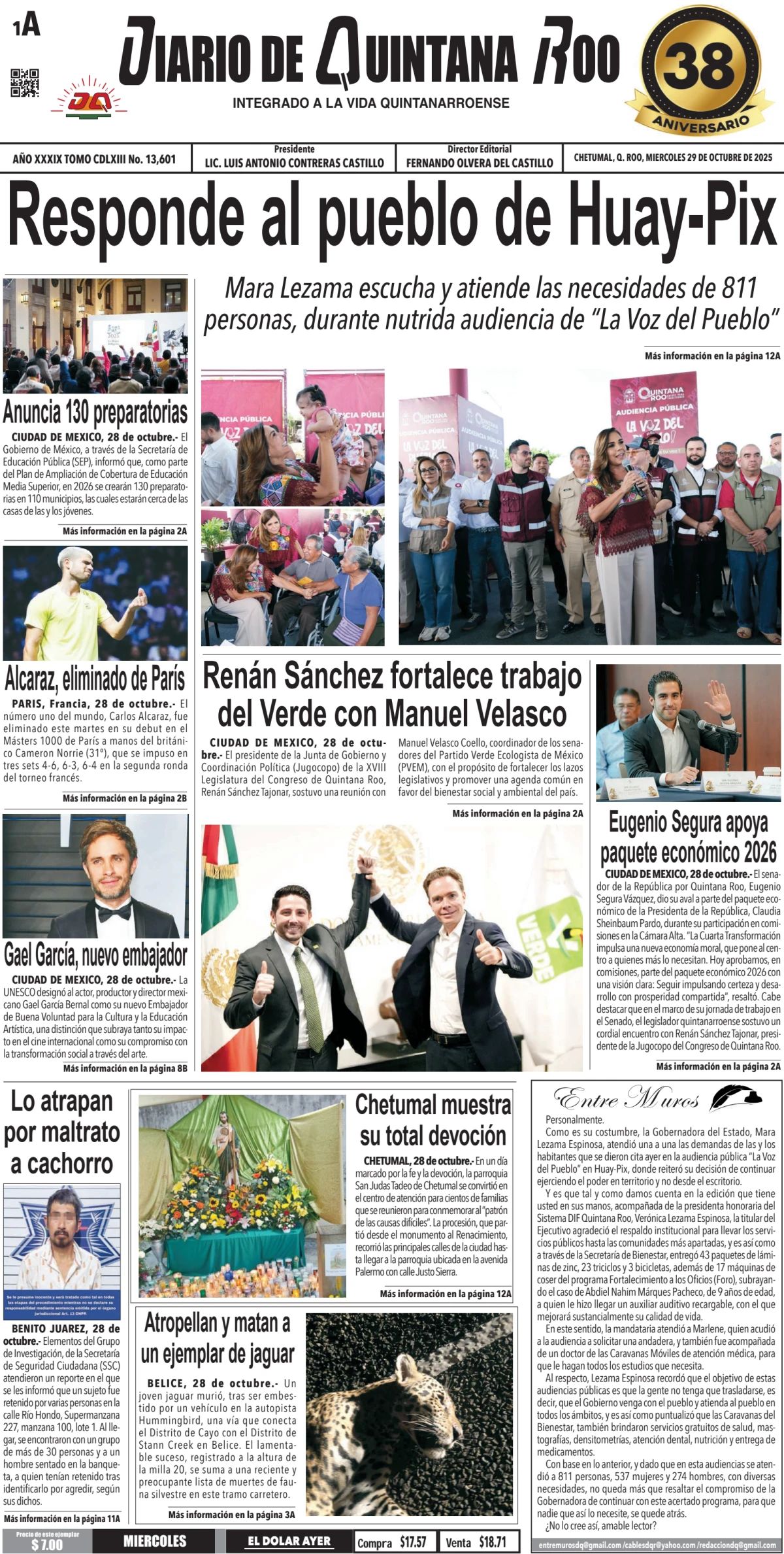 Portada de Diario de Quintana Roo (portada) del miércoles, 29 de octubre de 2025