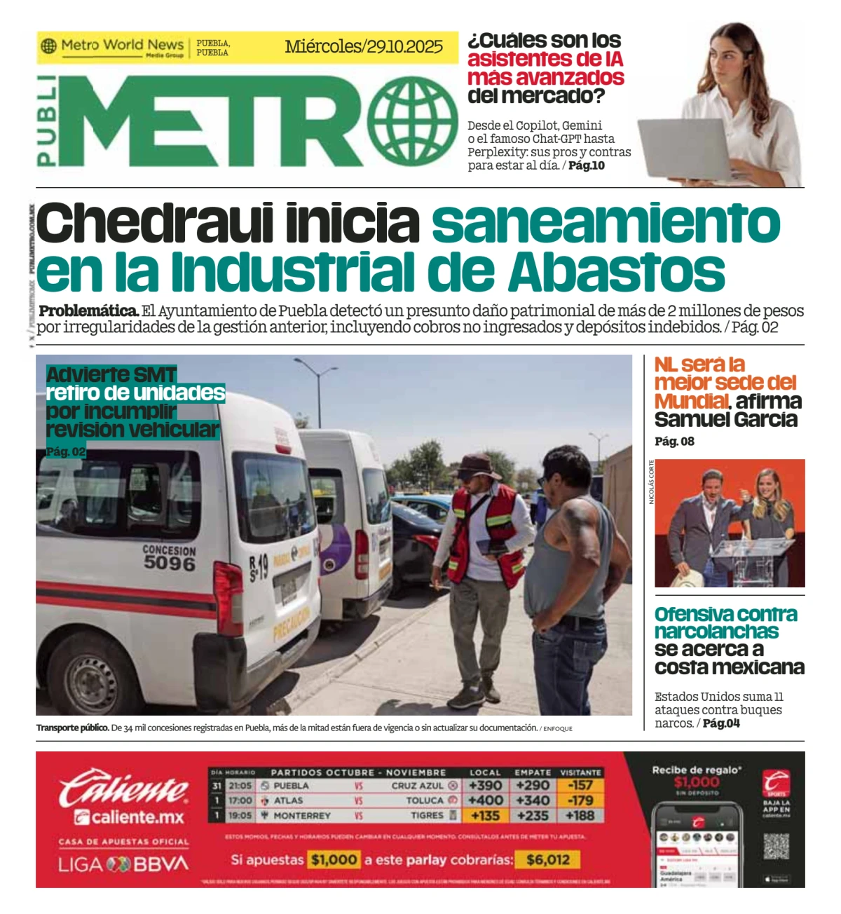 Portada de Publimetro Puebla del miércoles, 29 de octubre de 2025