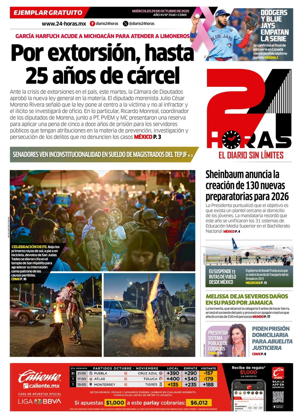 Portada de 24 Horas del miércoles, 29 de octubre de 2025