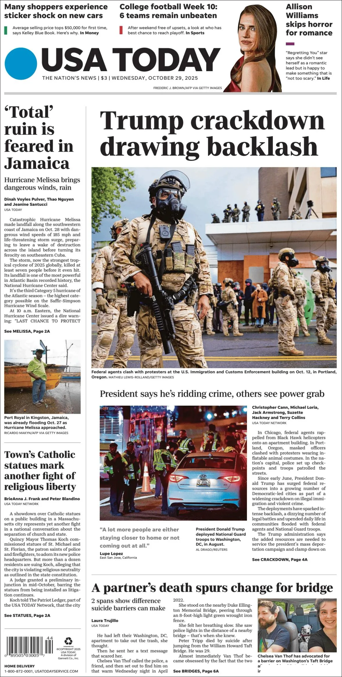 Portada de Usa Today del miércoles, 29 de octubre de 2025