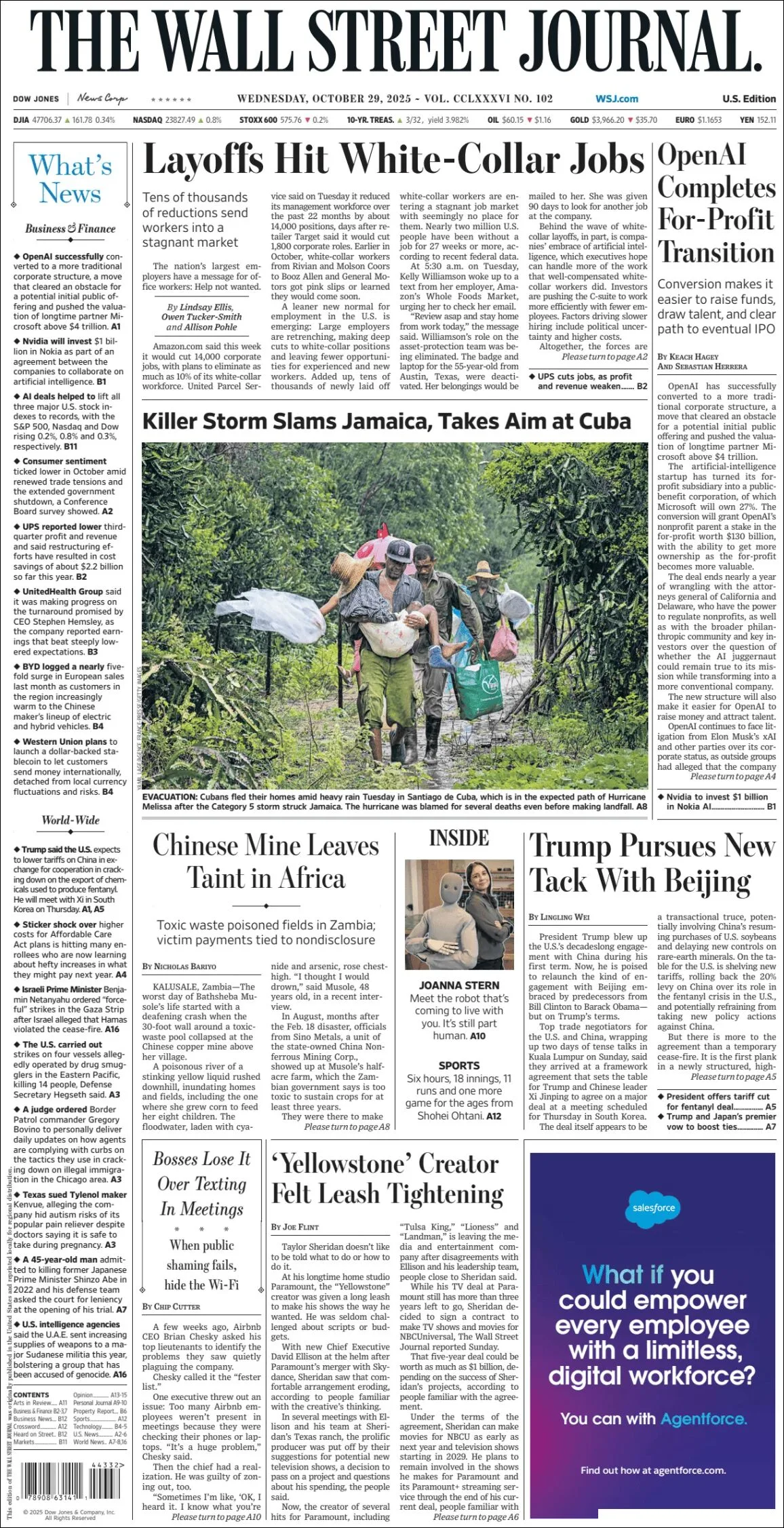 Portada de The Wall Street Journal del miércoles, 29 de octubre de 2025