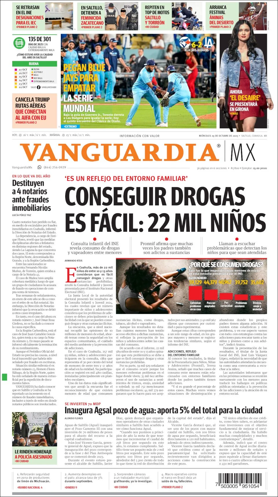 Portada de Vanguardia del miércoles, 29 de octubre de 2025