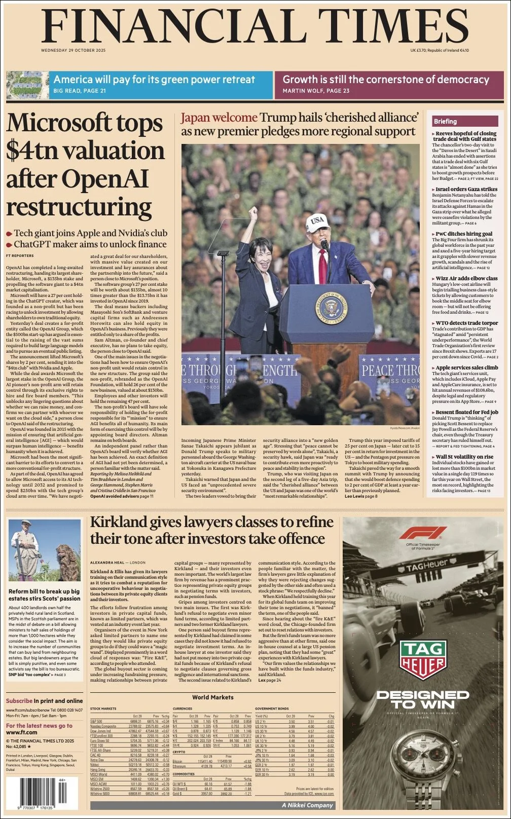 Portada de Financial Times del miércoles, 29 de octubre de 2025