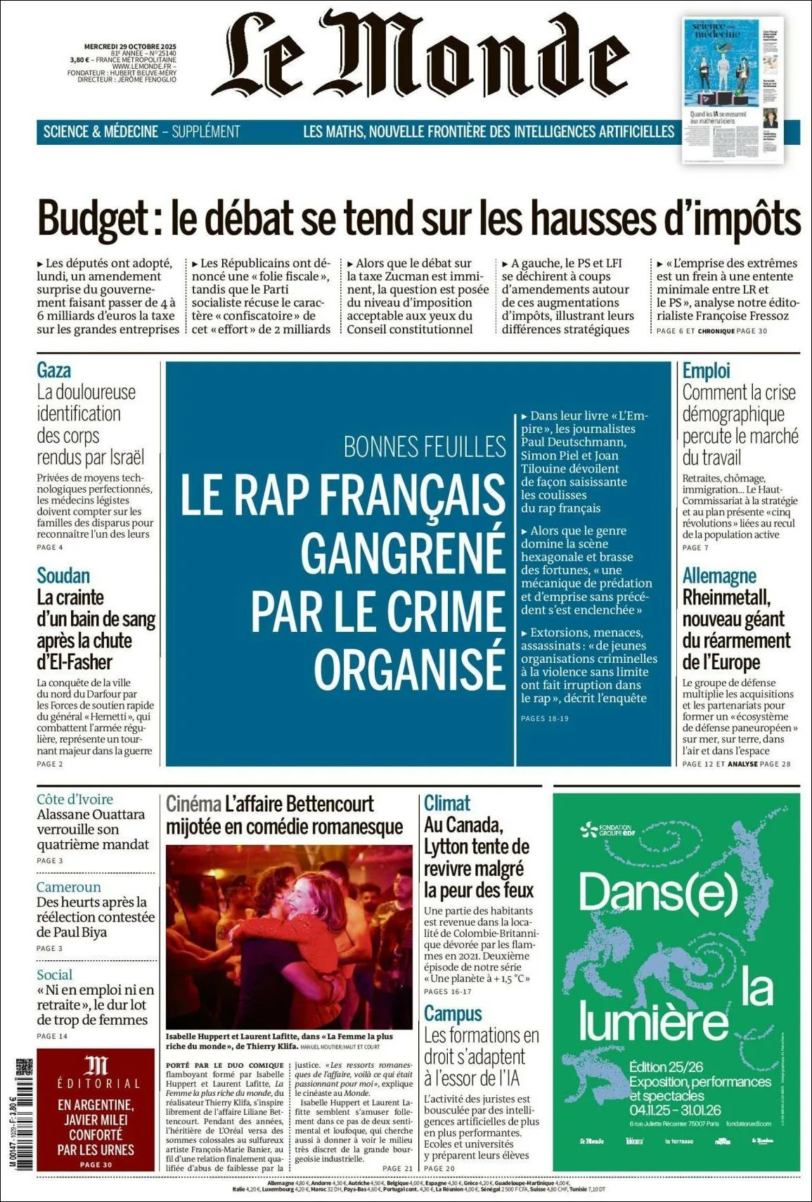 Portada de Le Monde del miércoles, 29 de octubre de 2025