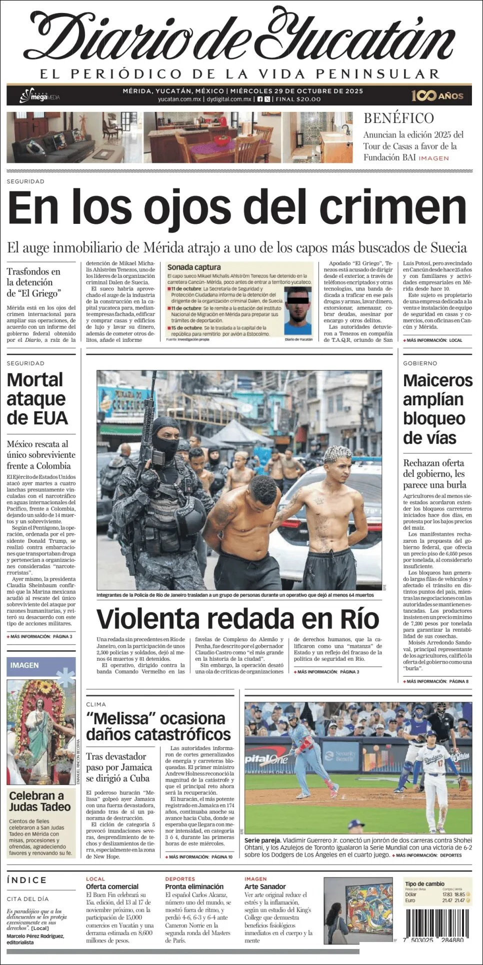 Portada de Diario de Yucatán del miércoles, 29 de octubre de 2025