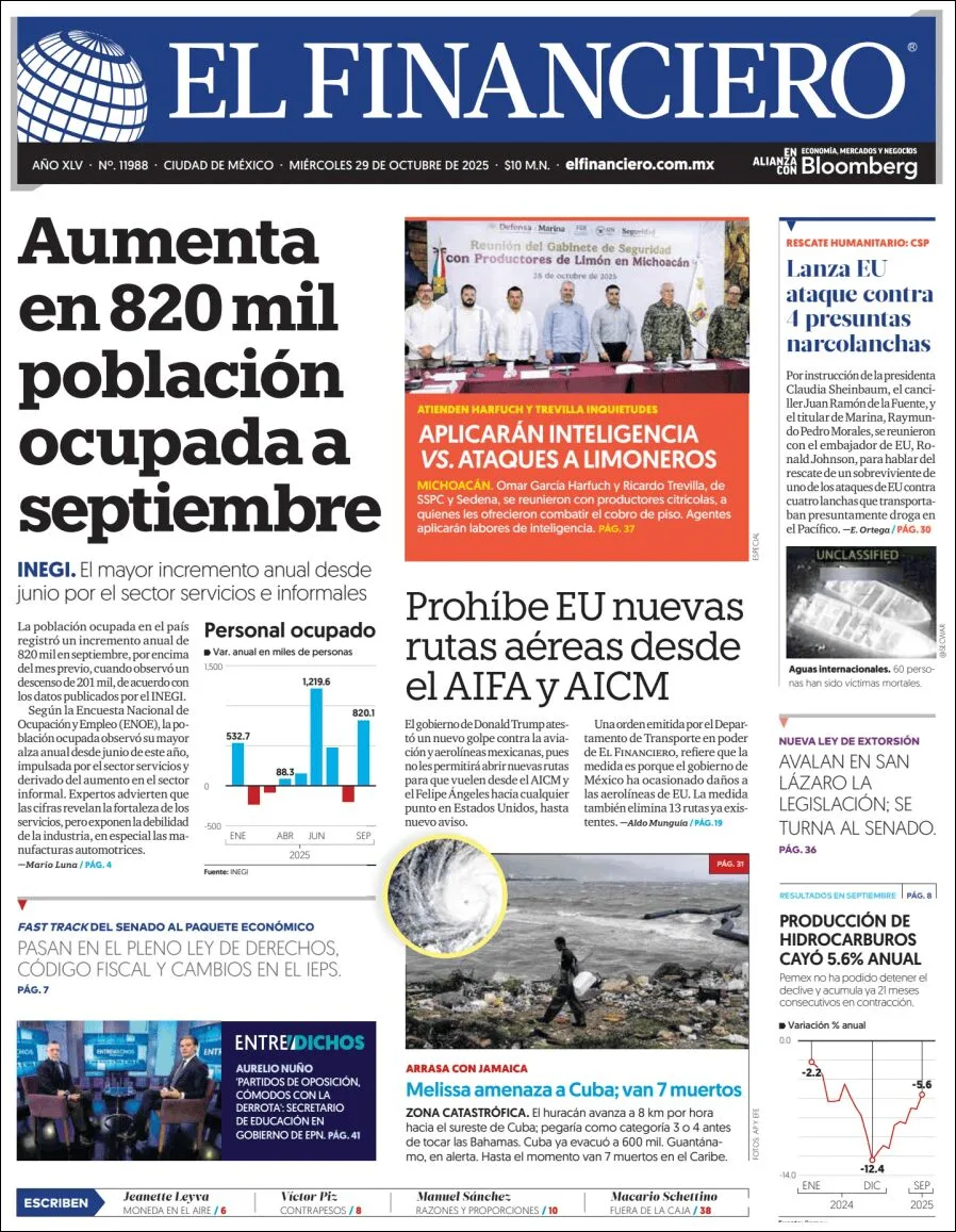 Portada de El Financiero del miércoles, 29 de octubre de 2025