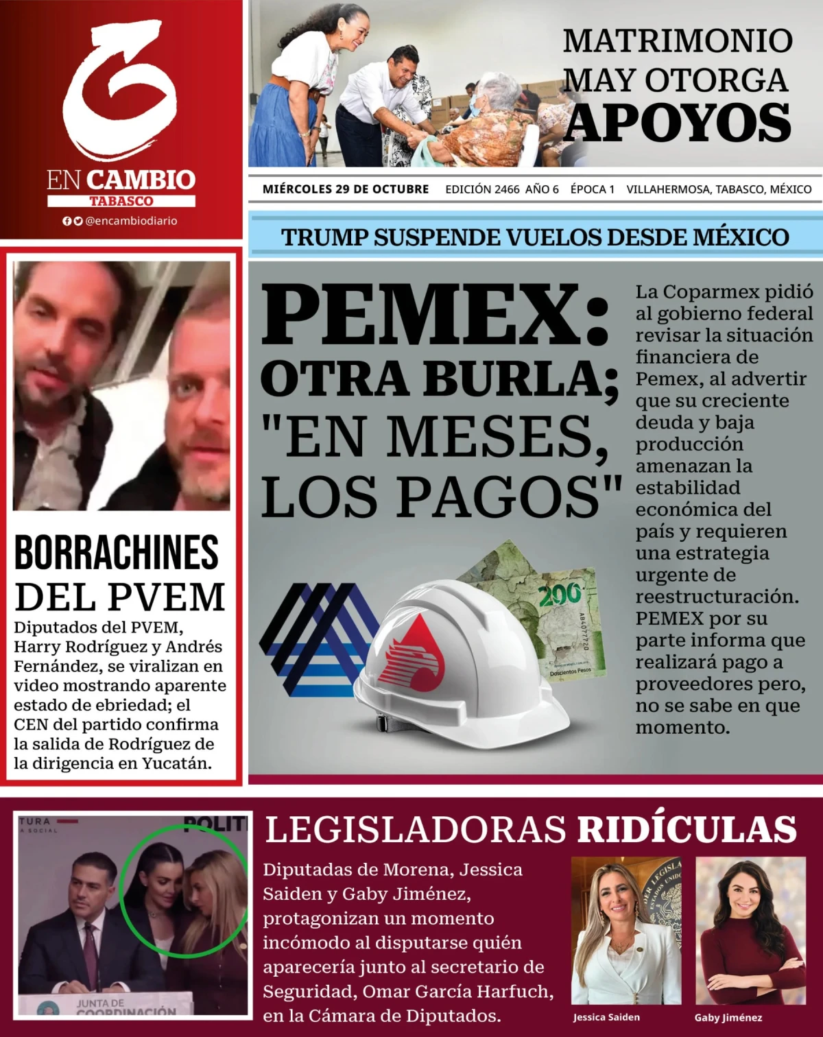 Portada de En Cambio - Tabasco (portada) del miércoles, 29 de octubre de 2025