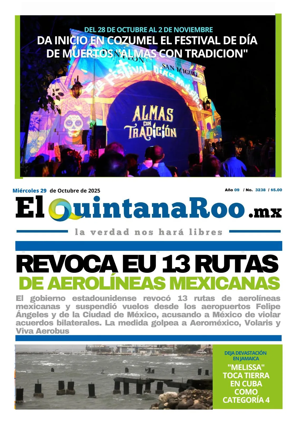 Portada de El Quintana Roo (portada) del miércoles, 29 de octubre de 2025