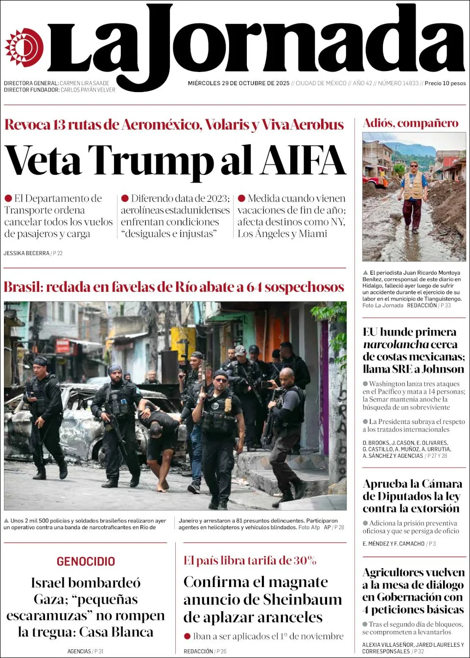 Portada de La Jornada del miércoles, 29 de octubre de 2025